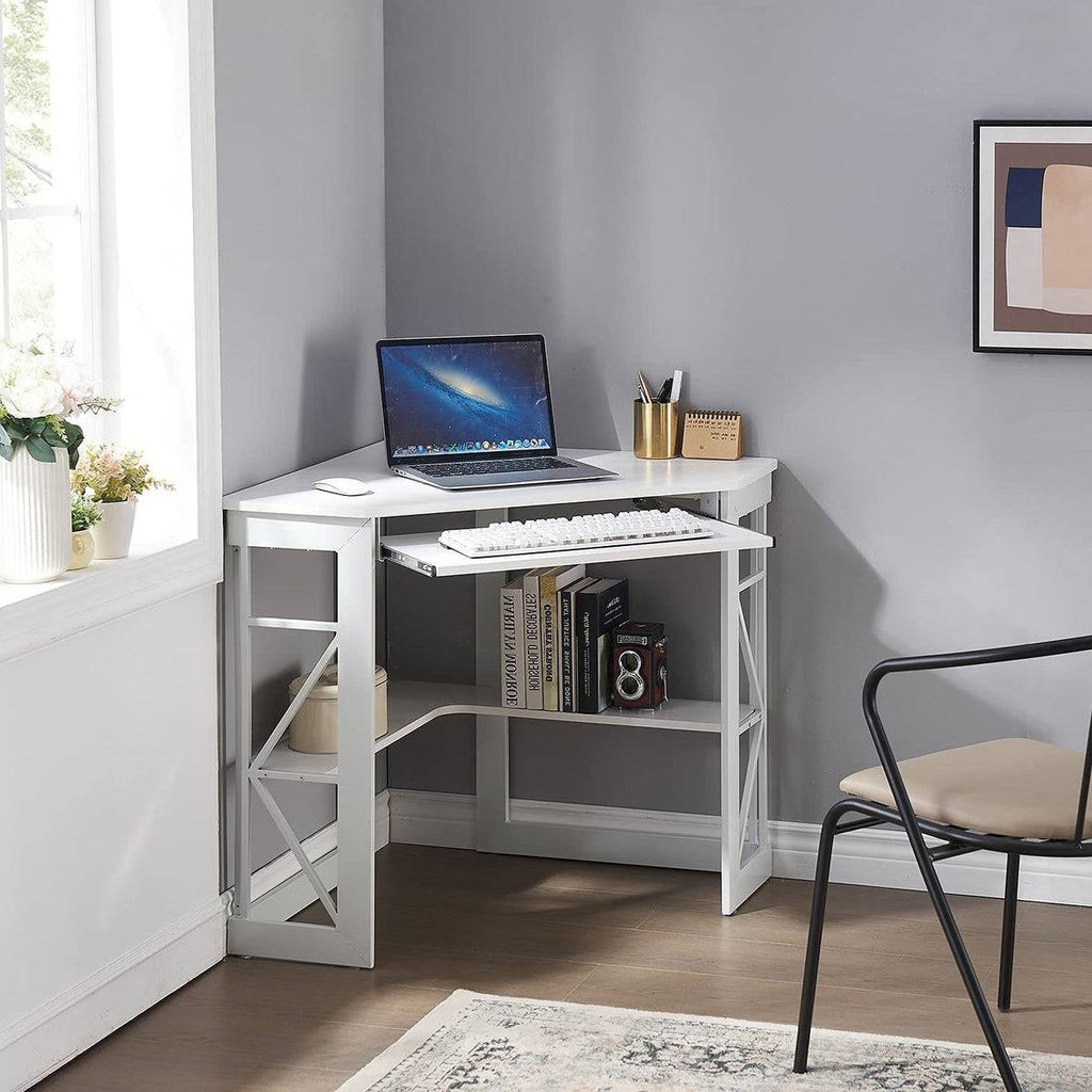 Corner Computer Desk with Keyboard Tray Storage Shelves in White